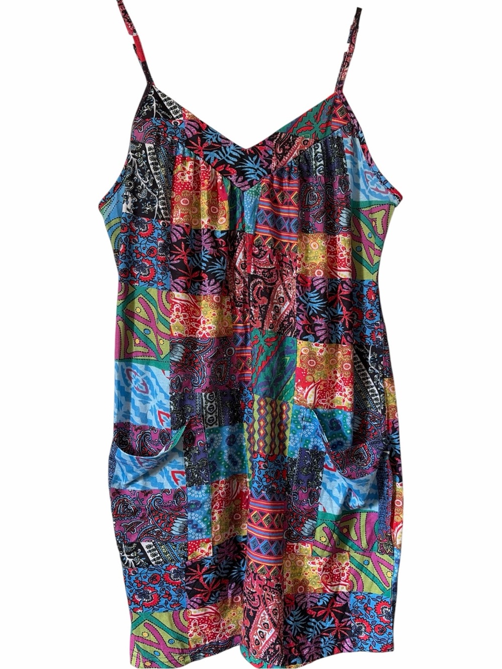 Colorful boho patchwork romper with pockets